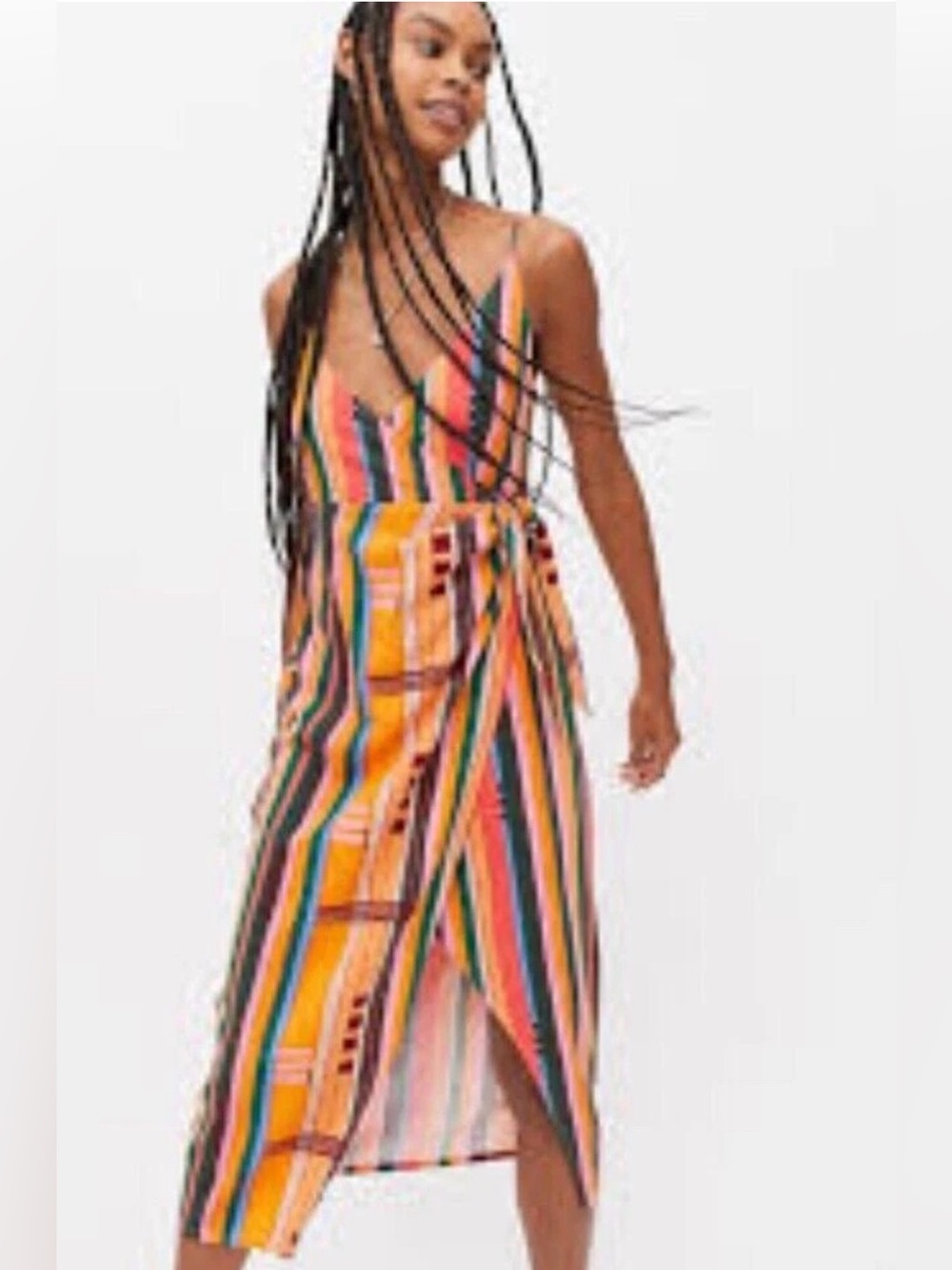 Urban Outfitters Flashing Lights Striped Wrap Midi Dress Linen XS